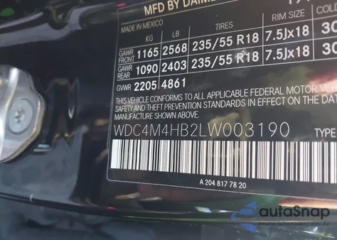 2020 Mercedes-Benz Glb 250 4Matic из США, поврежденный, VIN WDC4M4HB2LW003190